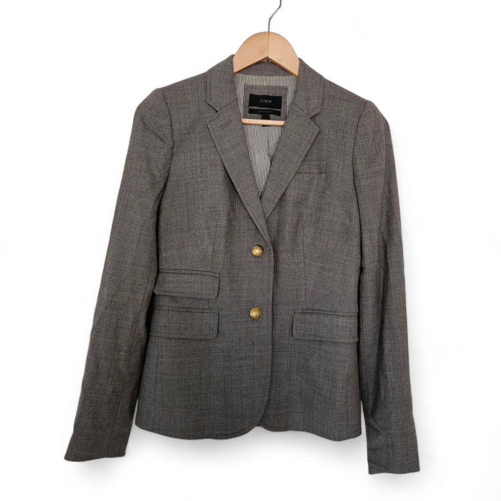 J. Crew Women's Gray Wool Blend Gold Button Preppy Schoolboy Blazer Size 2T